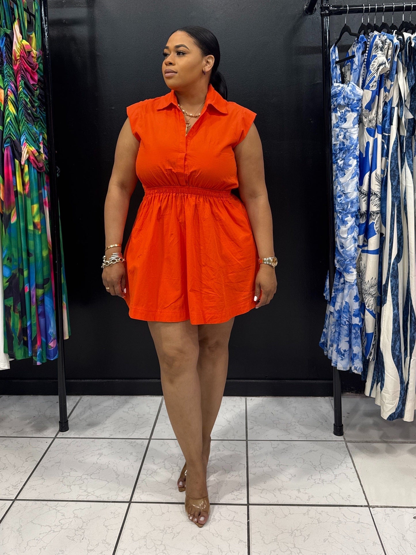 Flirty Collared Mini Dress (Tomato Orange)