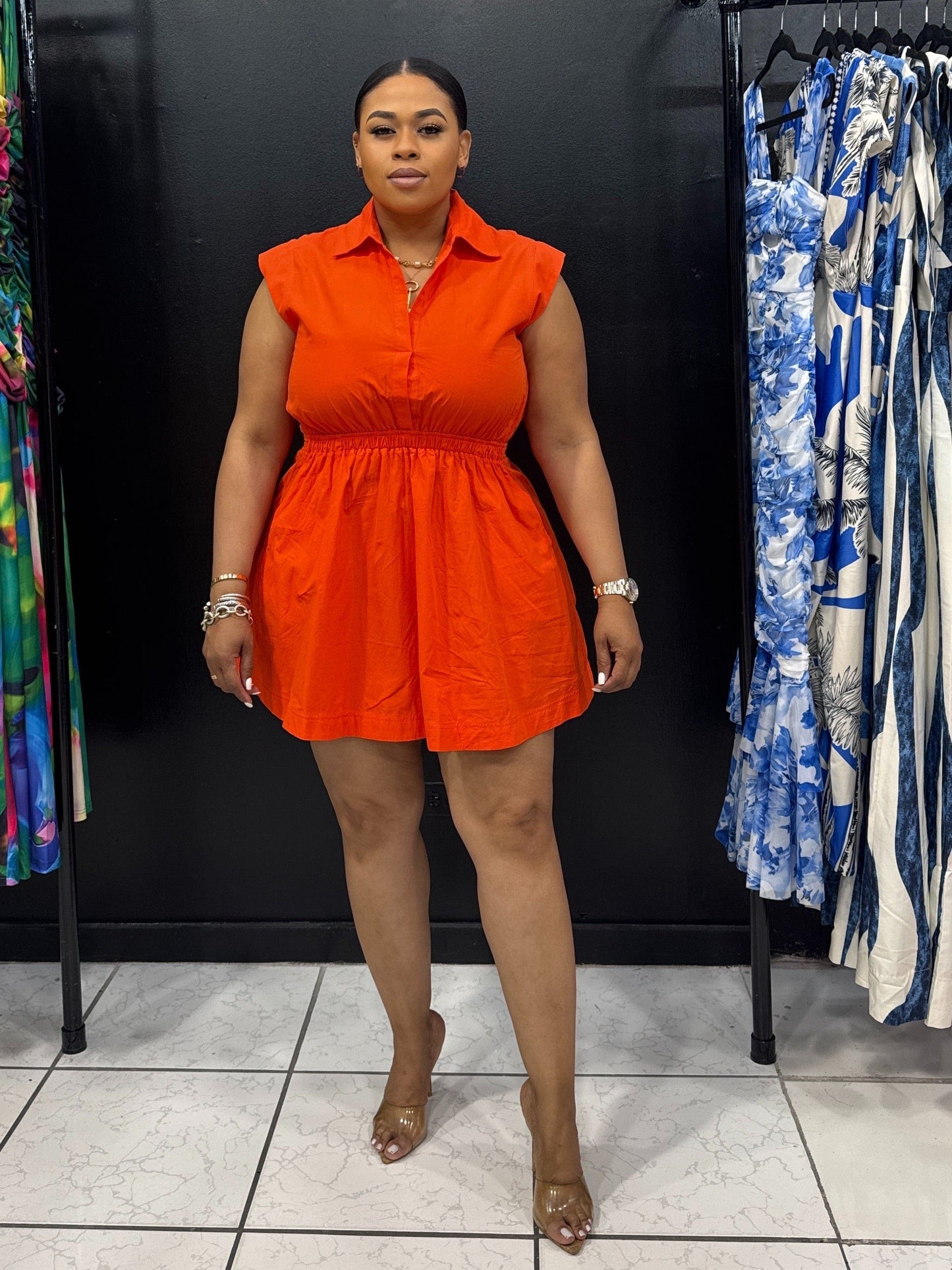 Flirty Collared Mini Dress (Tomato Orange)