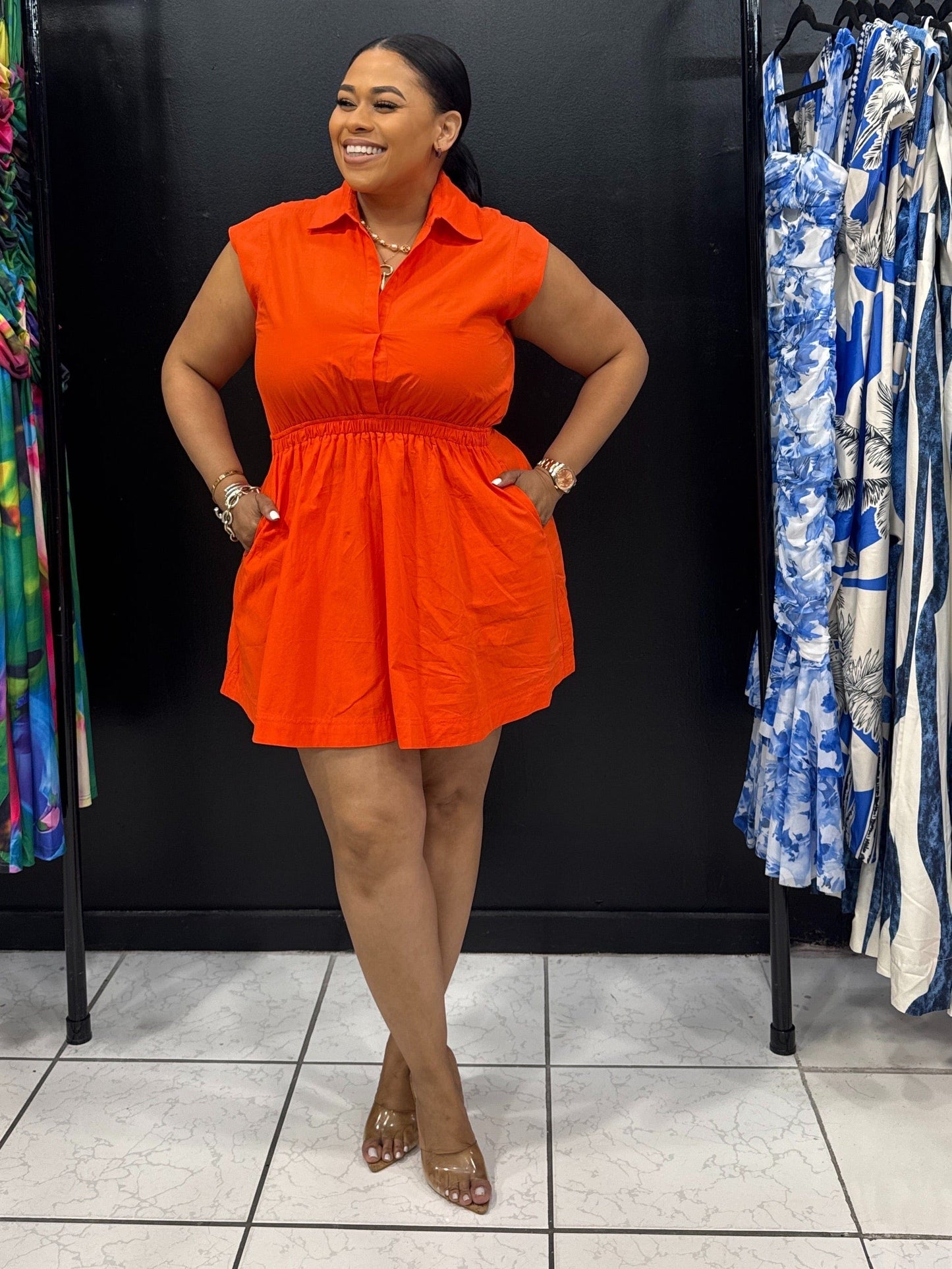 Flirty Collared Mini Dress (Tomato Orange)