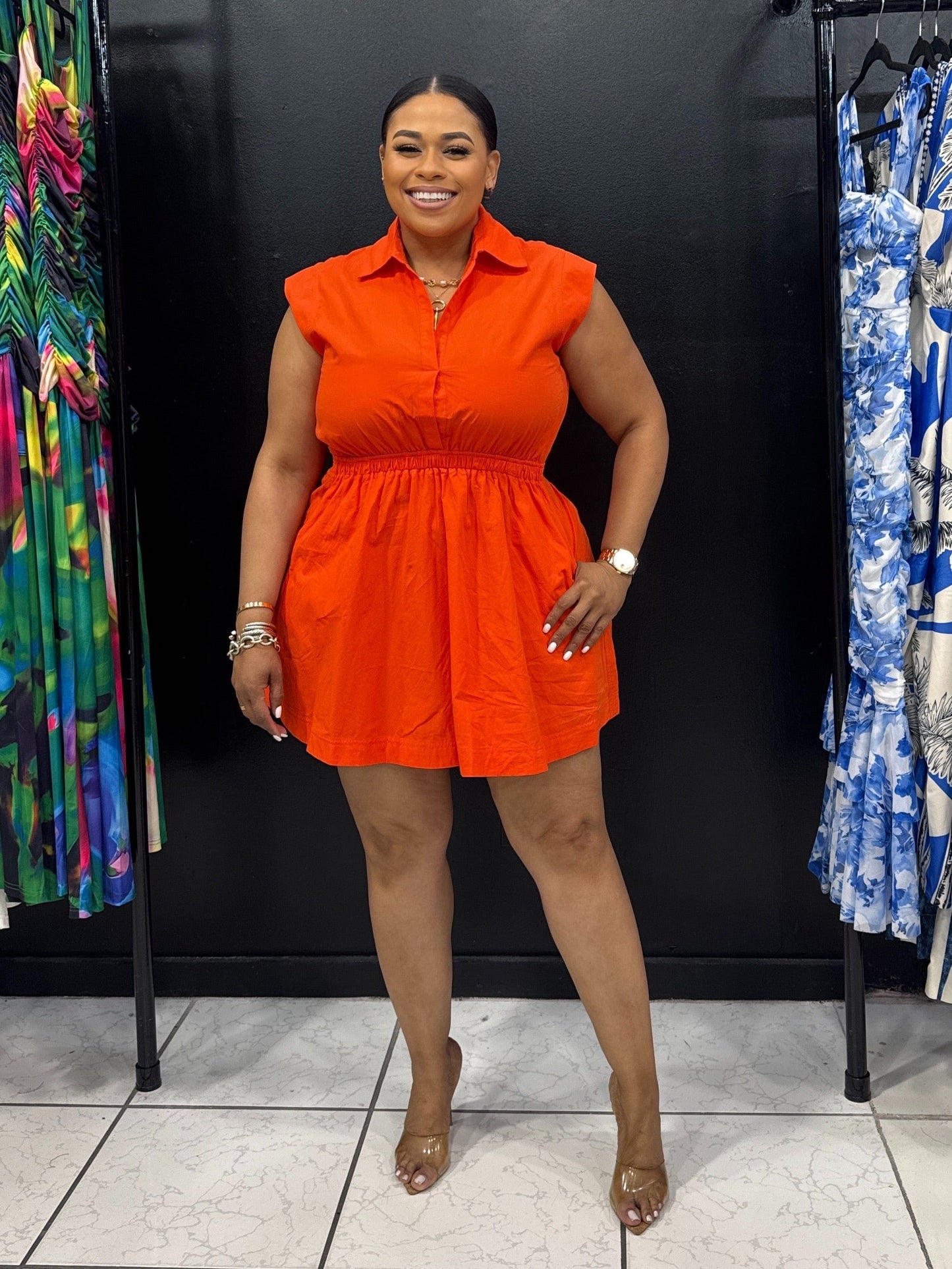 Flirty Collared Mini Dress (Tomato Orange)