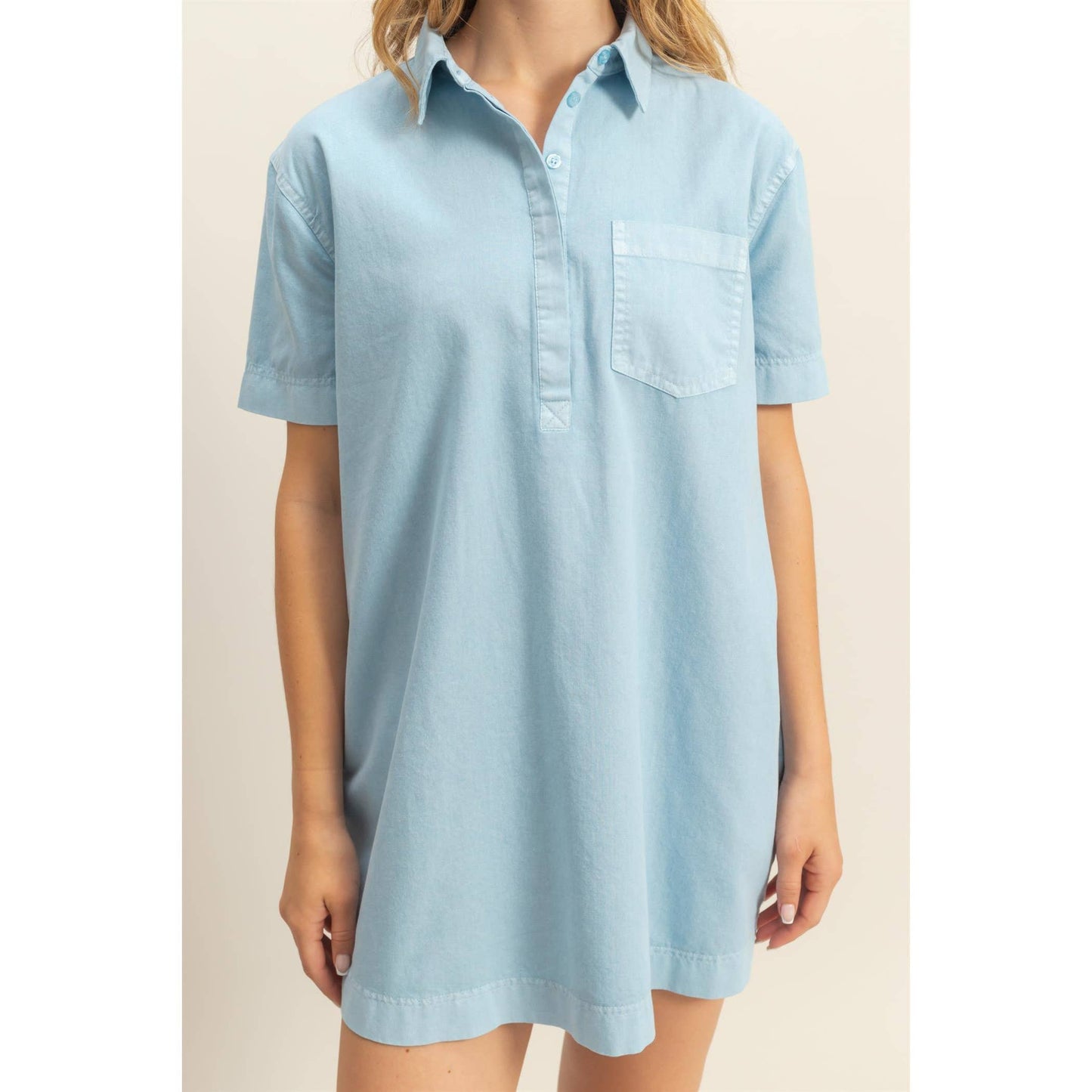 Half Button Up Short Sleeve Mini Dress (CREAM)