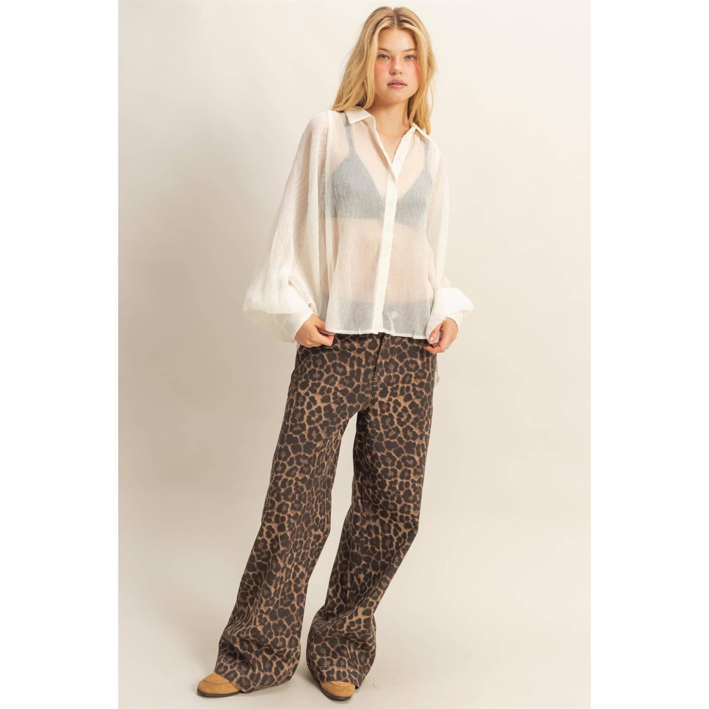Chic Textured Button-Down Shirt (IVORY)
