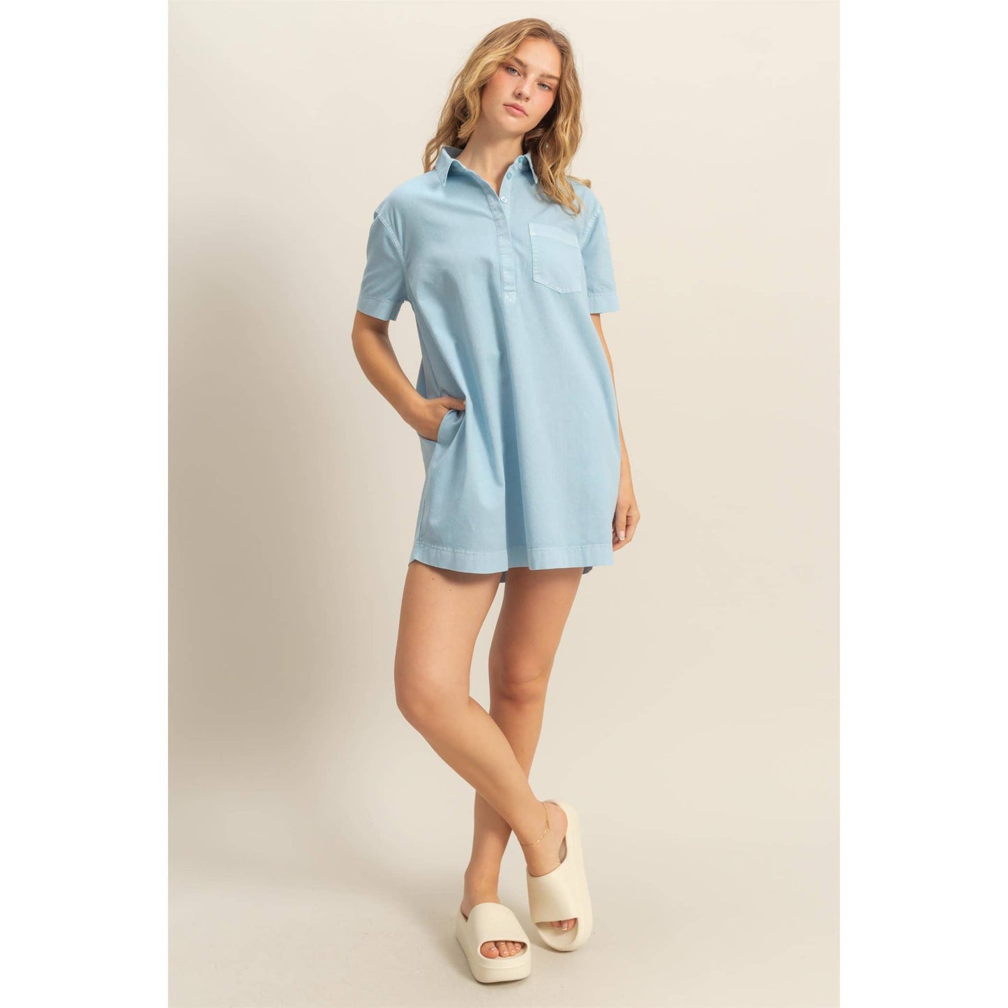 Half Button Up Short Sleeve Mini Dress (CREAM)