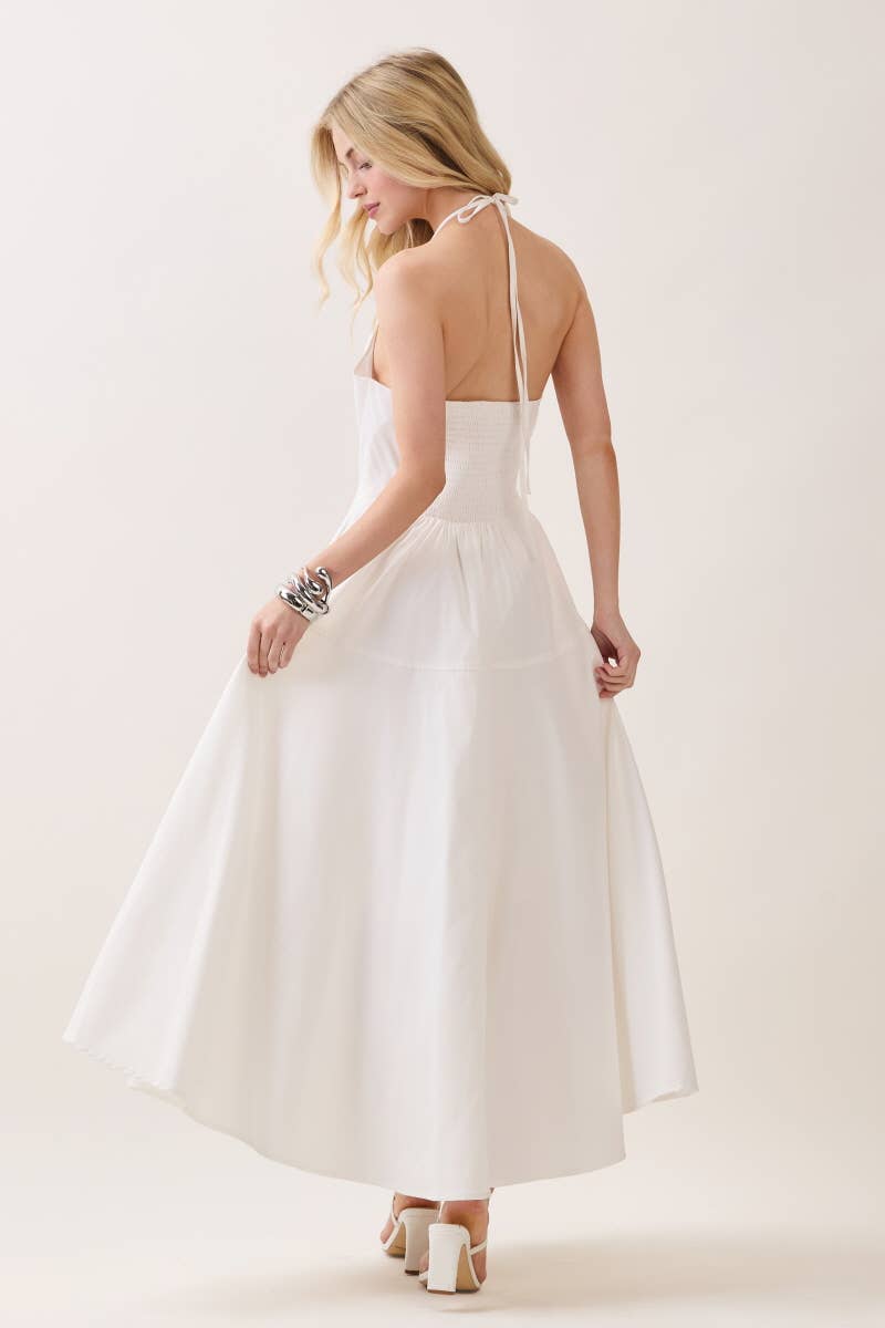 Solid Sleeveless Halter Maxi Dress (White)