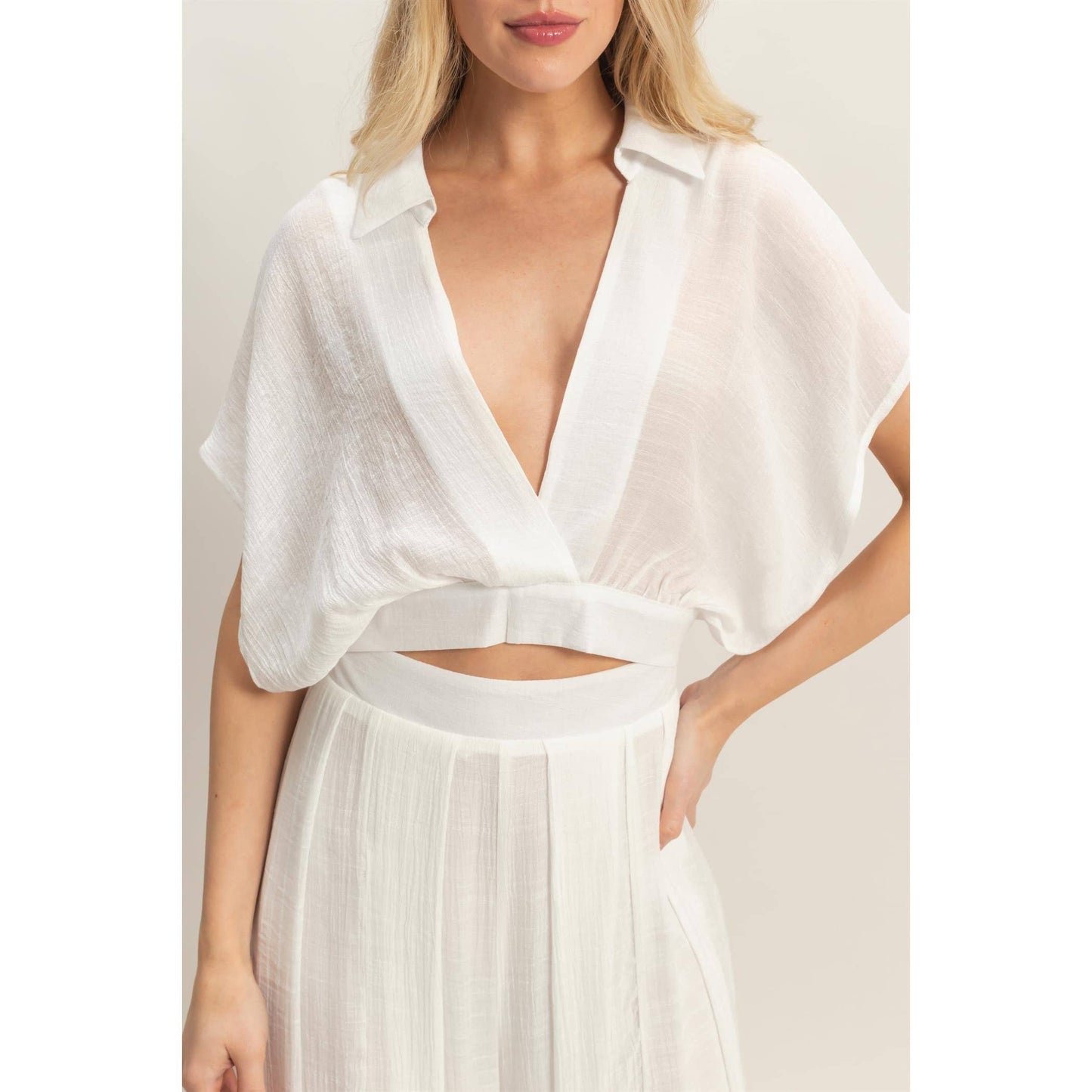 Collared Wrap Top & Wide-Leg Pants Set (White)