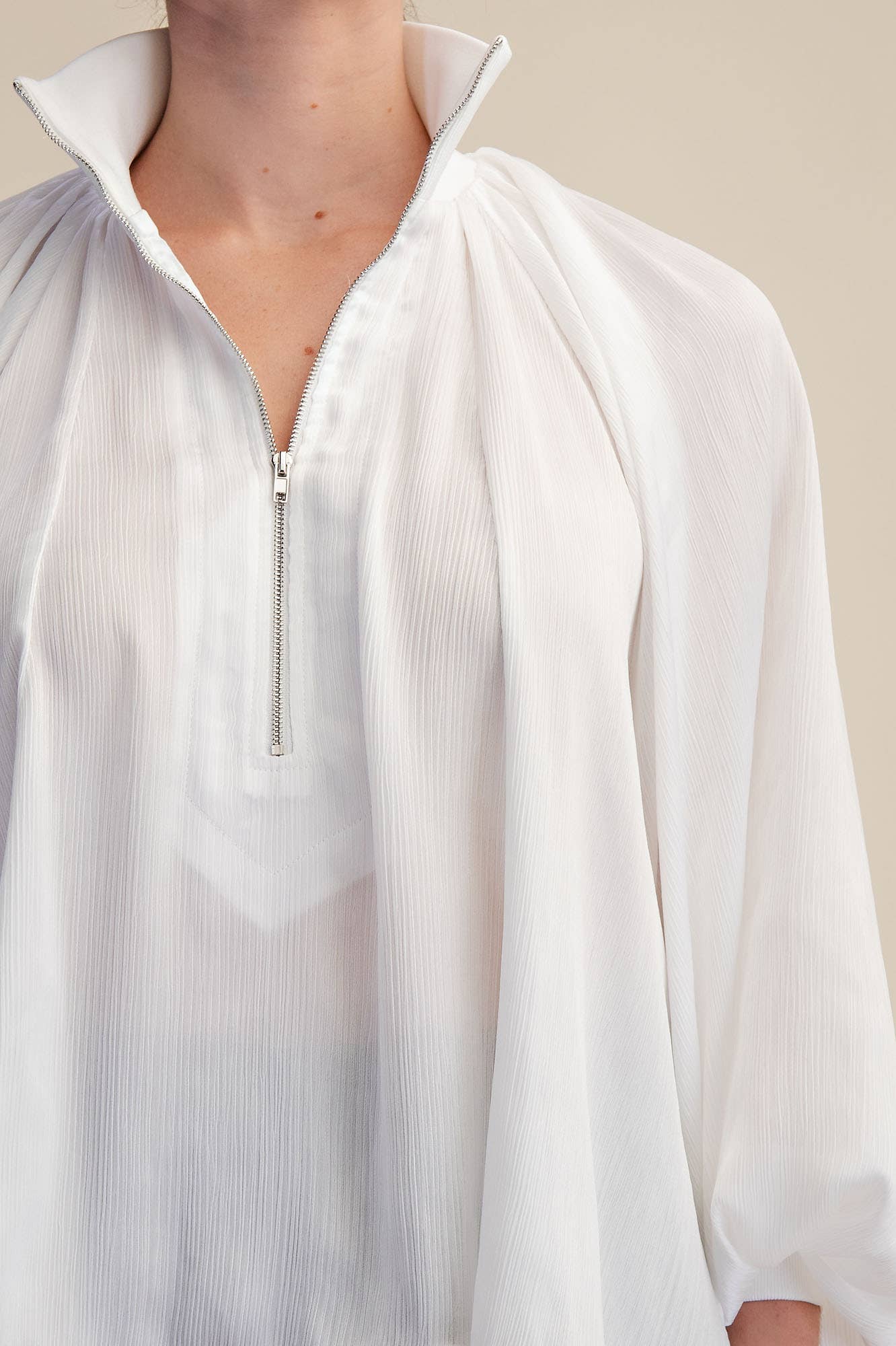 Mock Neck Band Long Sleeve Blouse (White)