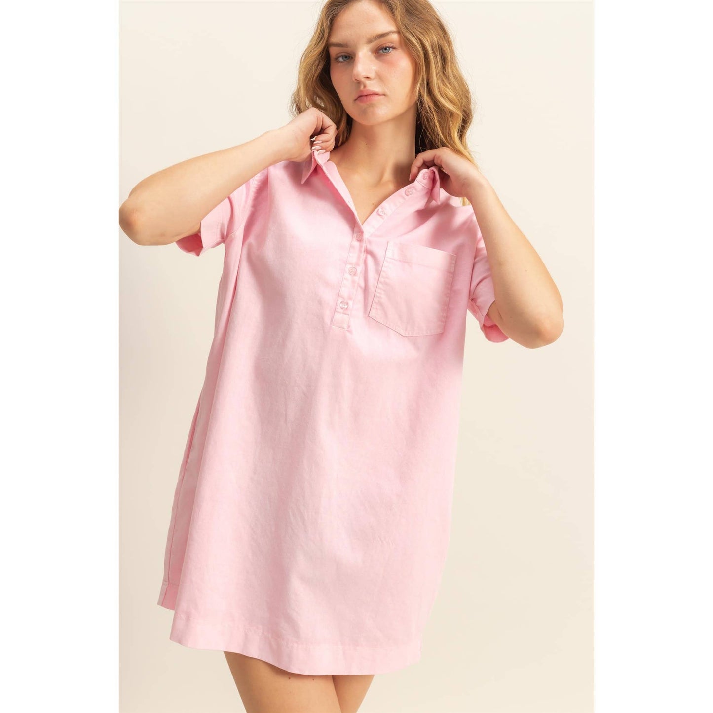 Half Button Up Short Sleeve Mini Dress (CREAM)