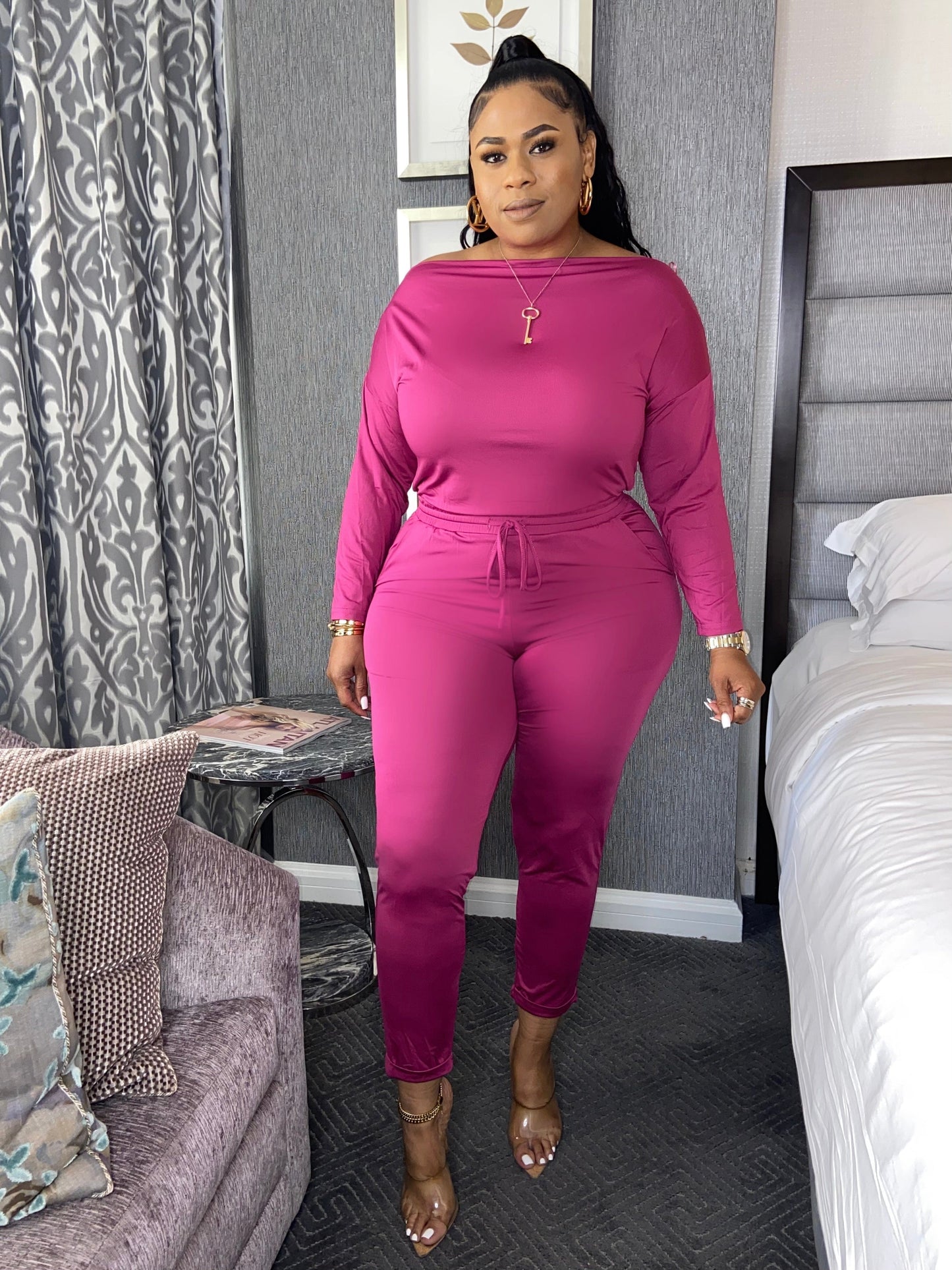 Jen Off The Shoulder Pencil Leg Jumpsuit With Sleeves “Magenta”