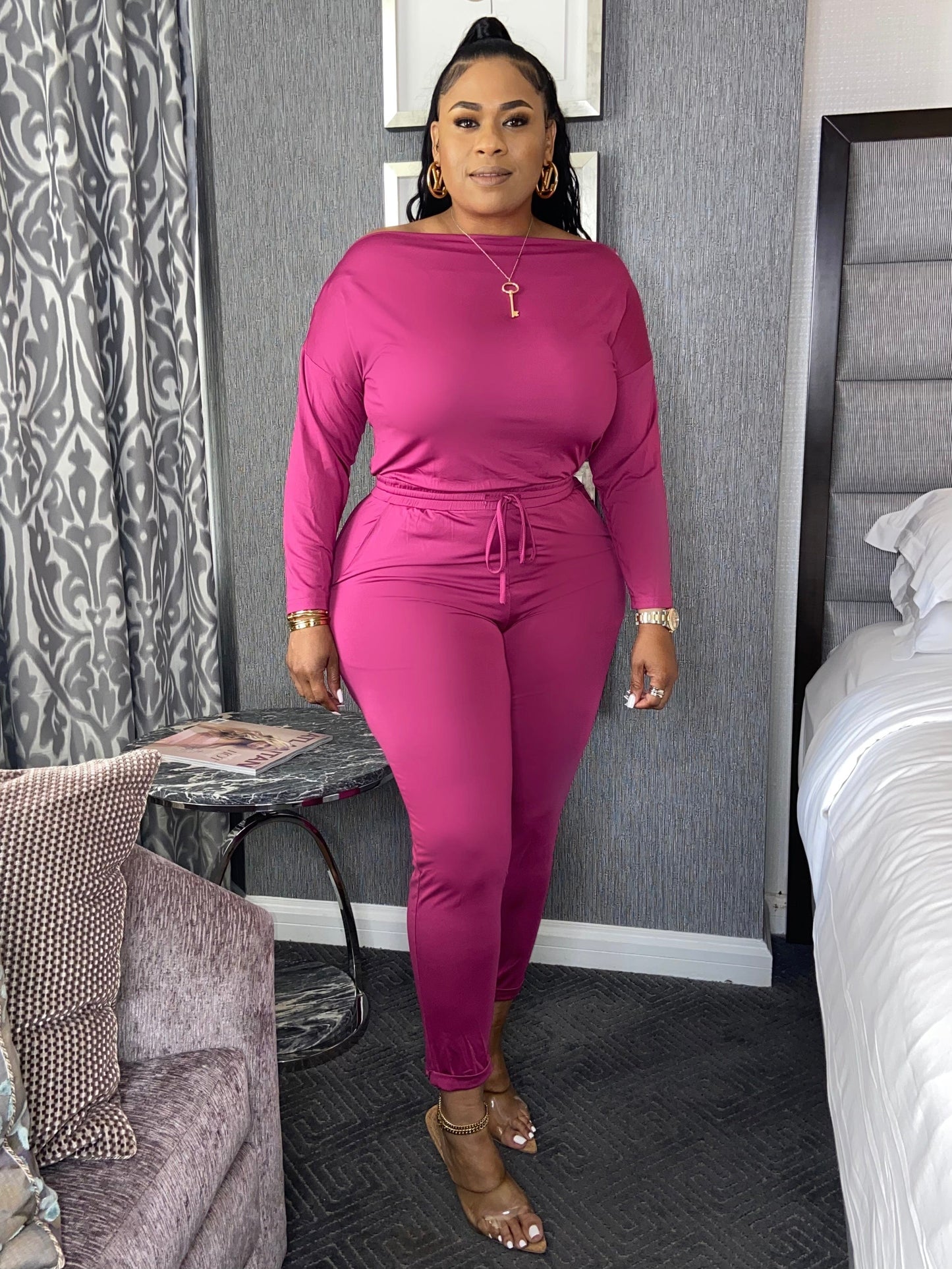 Jen Off The Shoulder Pencil Leg Jumpsuit With Sleeves “Magenta”