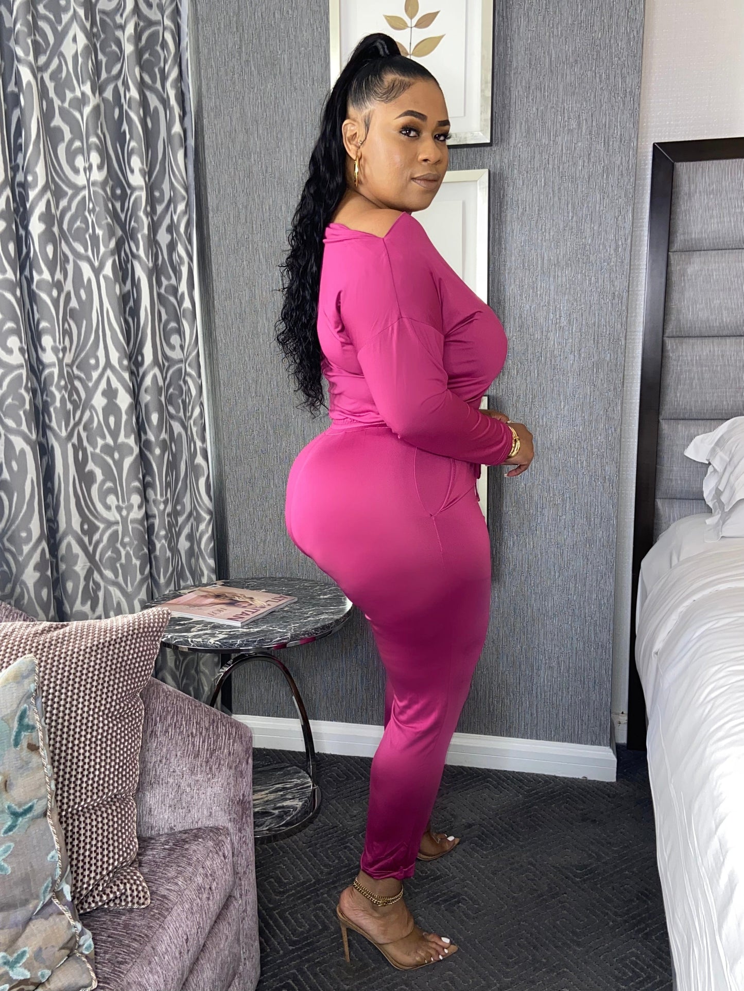 Jen Off The Shoulder Pencil Leg Jumpsuit With Sleeves “Magenta”