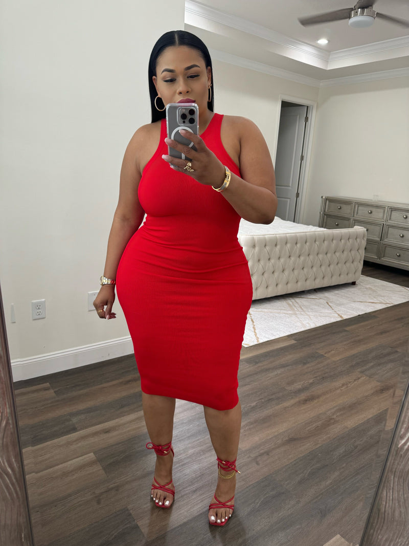 Premium Racer Neck Midi Dress (Red)