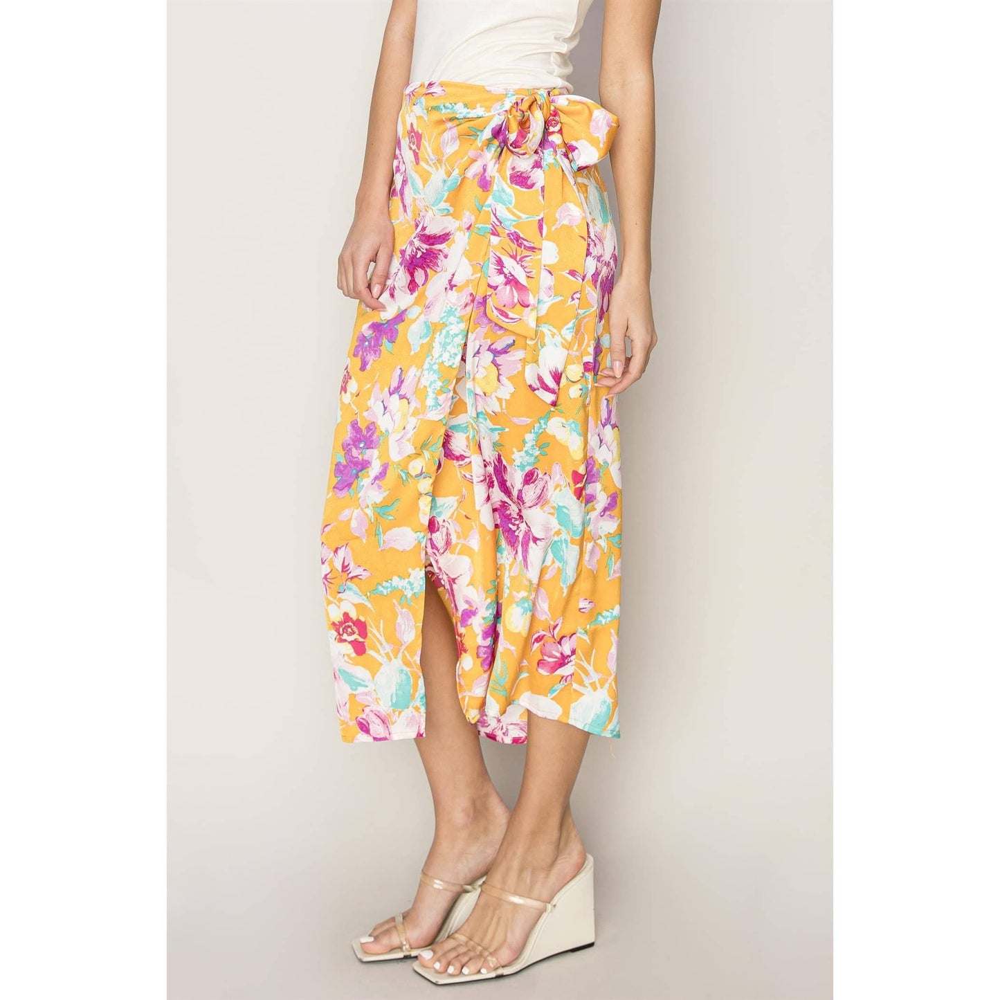 Floral Print Wrap And Tie Skirt (ORANGE)