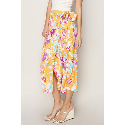 Floral Print Wrap And Tie Skirt (ORANGE)