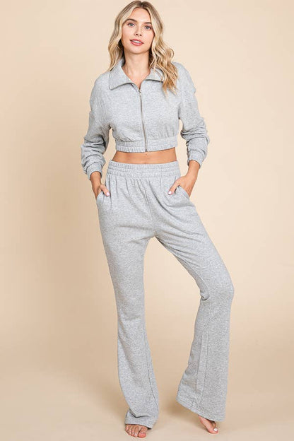 CROP ZIPPER FRONT BELL BOTTOMS CASUAL SET (HEATHER GREY)