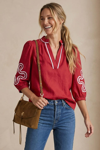3/4 Sleeve Abstract Applique Blouse (Red)