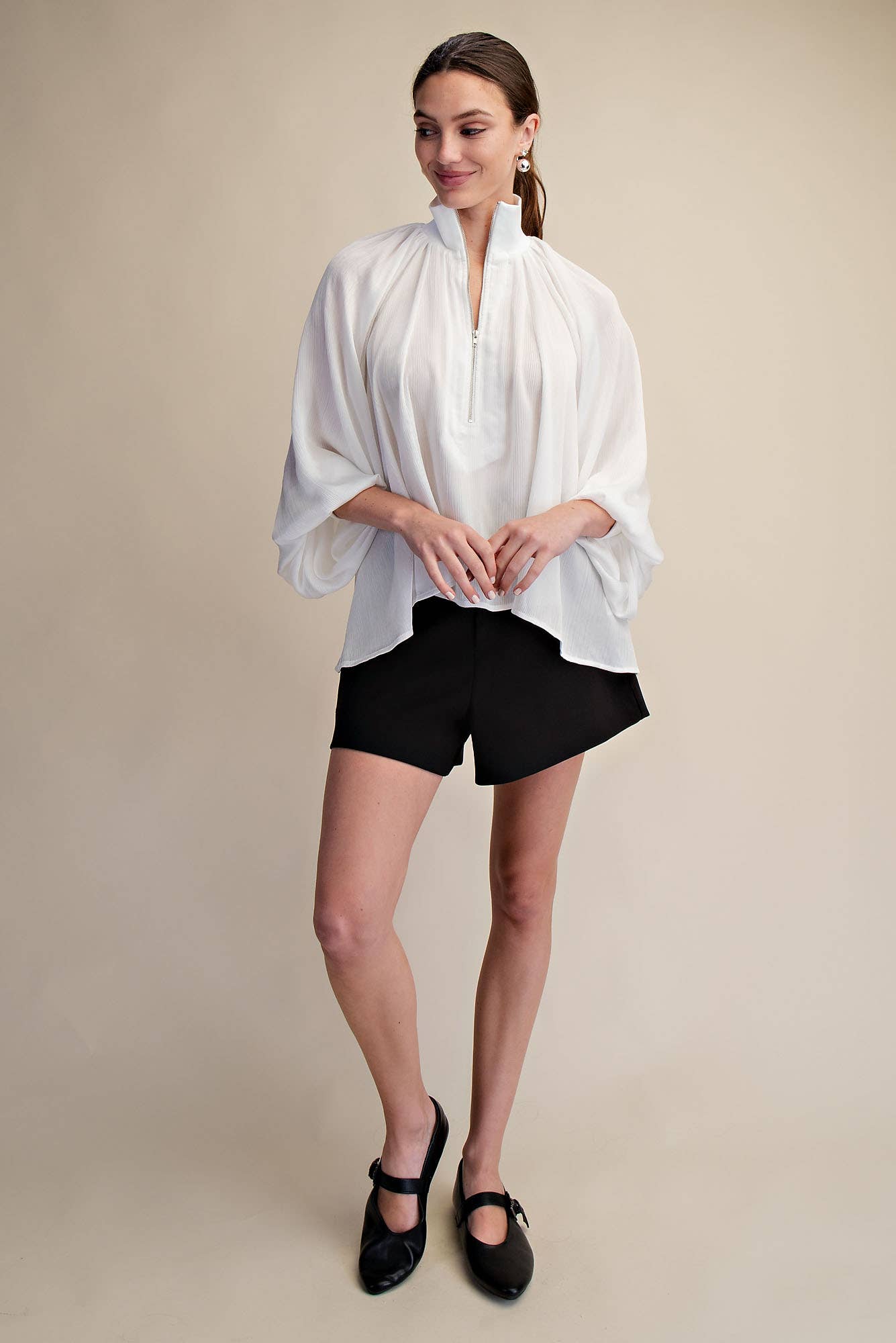 Mock Neck Band Long Sleeve Blouse (White)