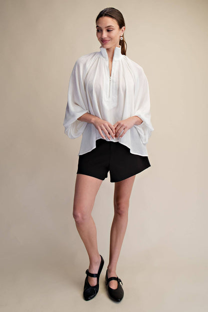 Mock Neck Band Long Sleeve Blouse (White)