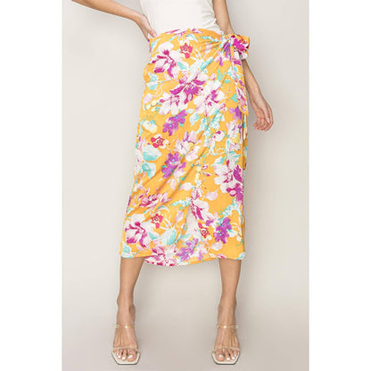 Floral Print Wrap And Tie Skirt (ORANGE)