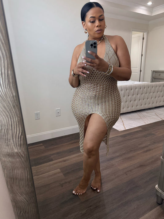 Halter Crochet Silver Metallic Dress