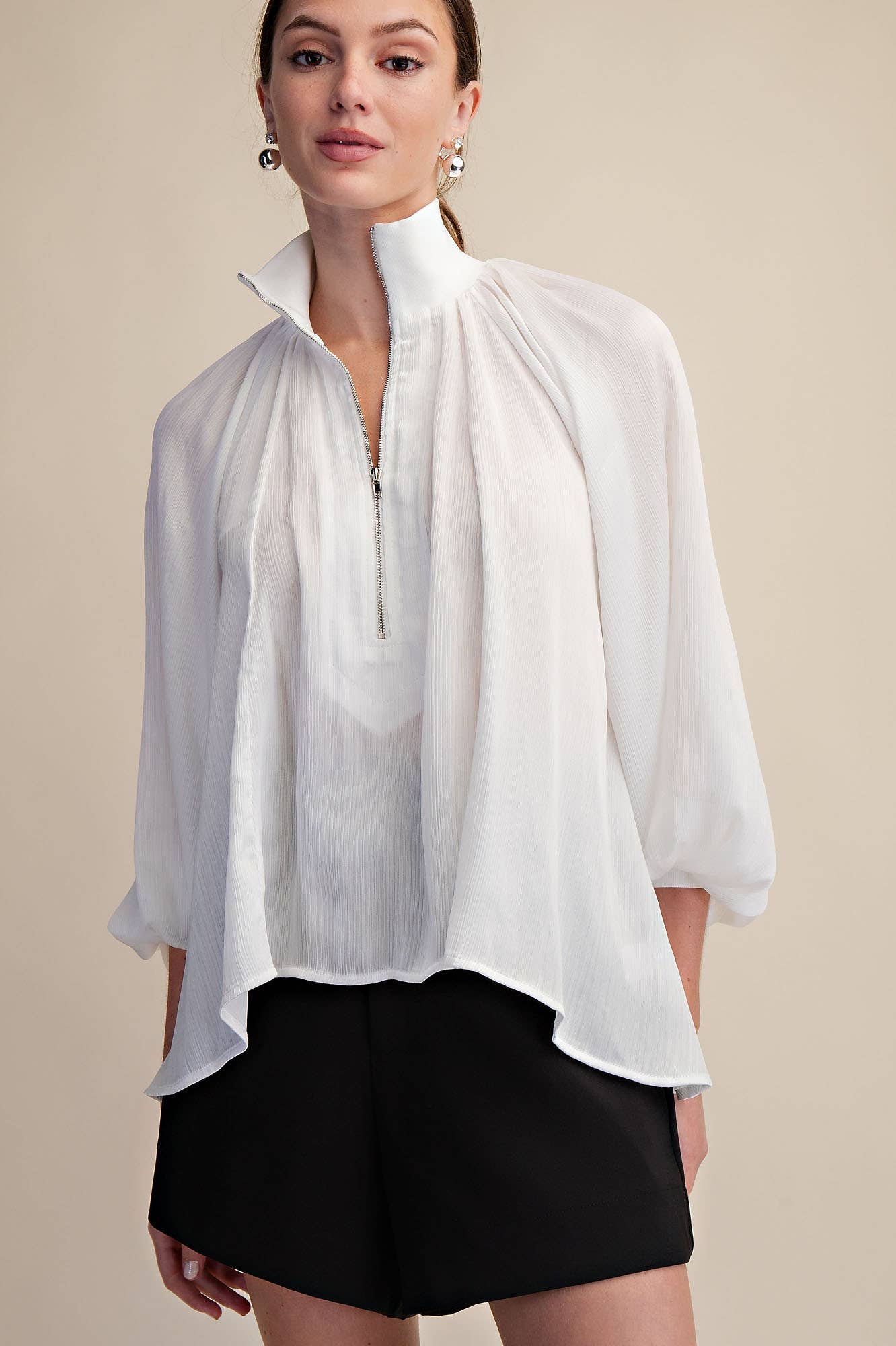 Mock Neck Band Long Sleeve Blouse (White)