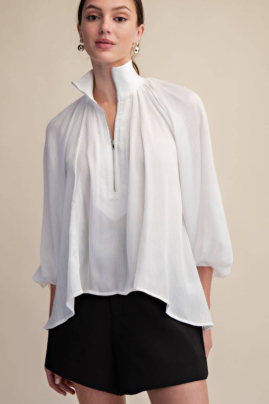 Mock Neck Band Long Sleeve Blouse (White)