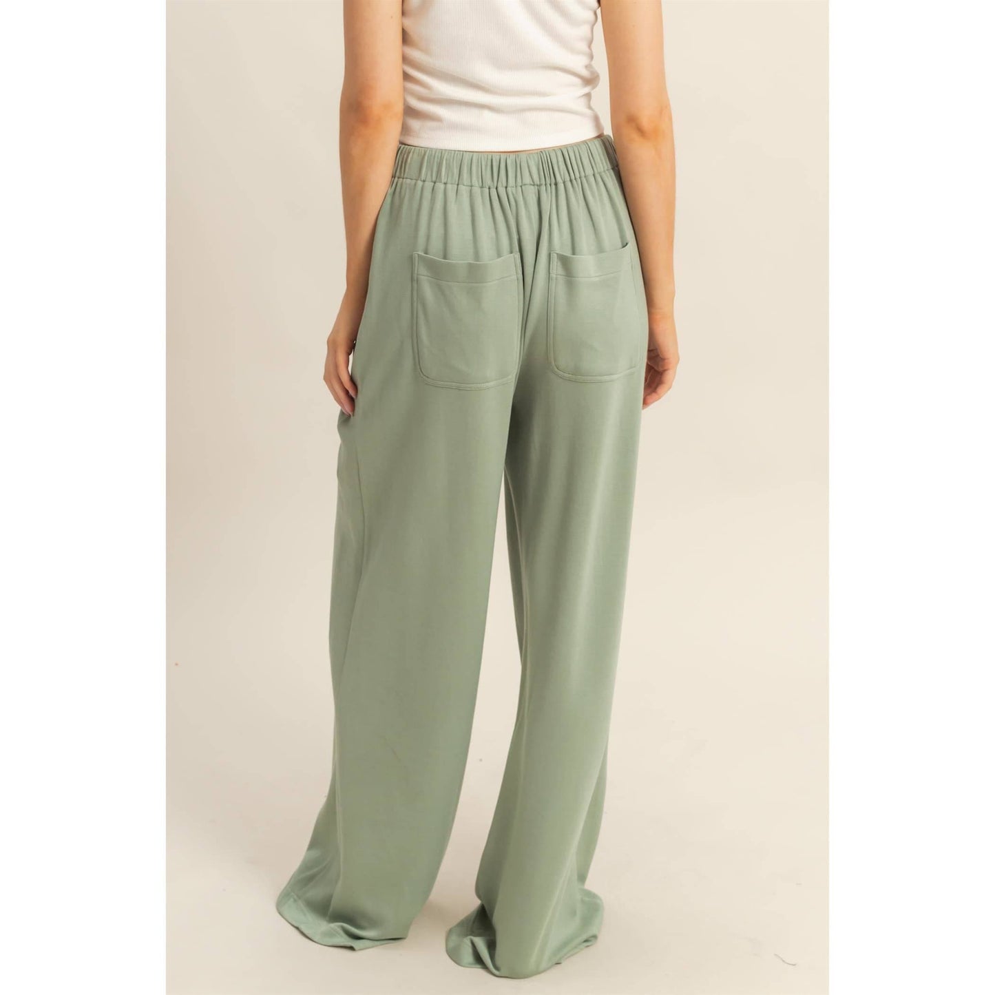 Knit Wide-Leg Trousers With Drawstring Waist  (SAGE GREEN)