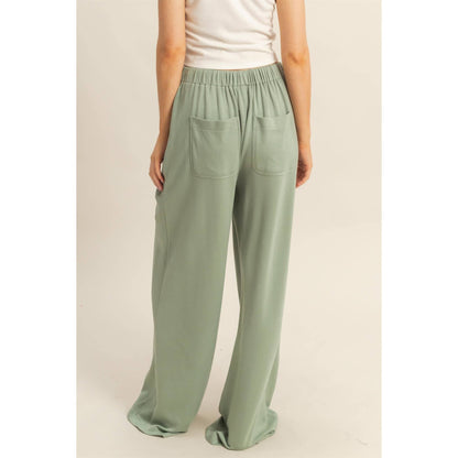 Knit Wide-Leg Trousers With Drawstring Waist  (SAGE GREEN)