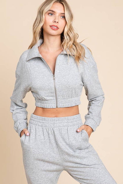 CROP ZIPPER FRONT BELL BOTTOMS CASUAL SET (HEATHER GREY)