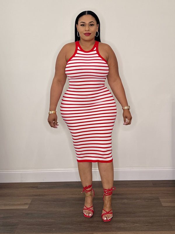 Premium Racer Neck Midi Dress (Red & White)