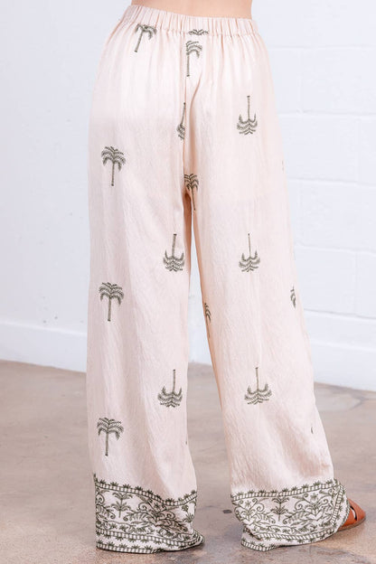 PALM TREE EMBO PLEATED LONG PANTS
