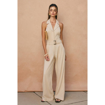 Heaven Sent Collared Halter Neck Jumpsuit (Oatmeal)