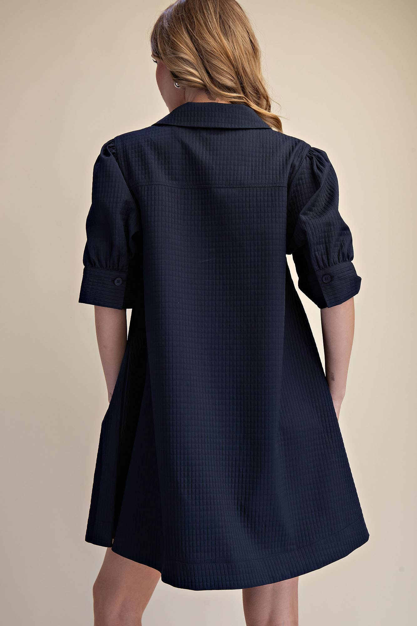 Mini Dress Collar Neck Puff-Sleeve (Navy)