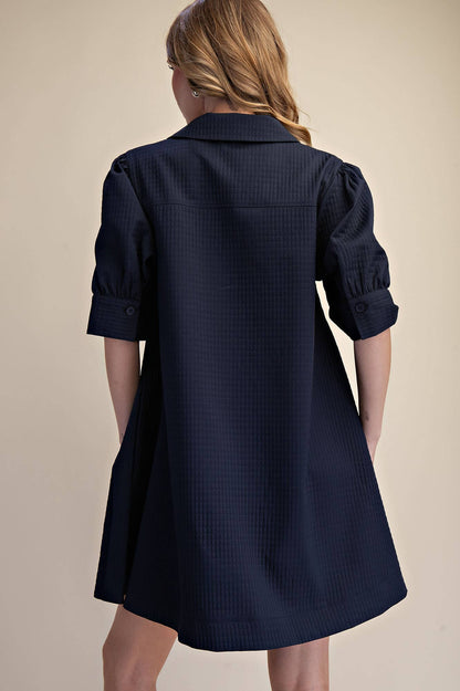 Mini Dress Collar Neck Puff-Sleeve (Navy)
