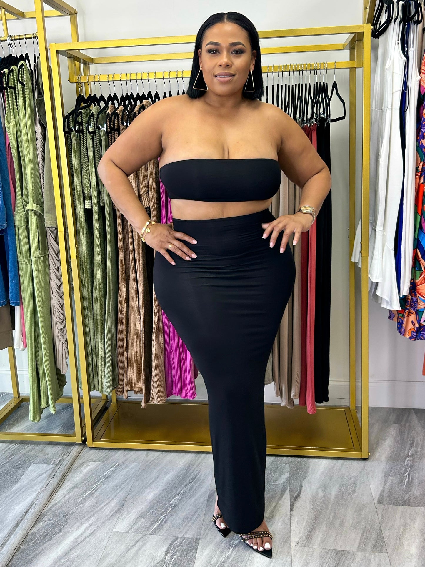 Bandeau Crop Top And Pencil Skirt Set "Black"