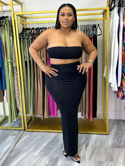 Bandeau Crop Top And Pencil Skirt Set "Black"