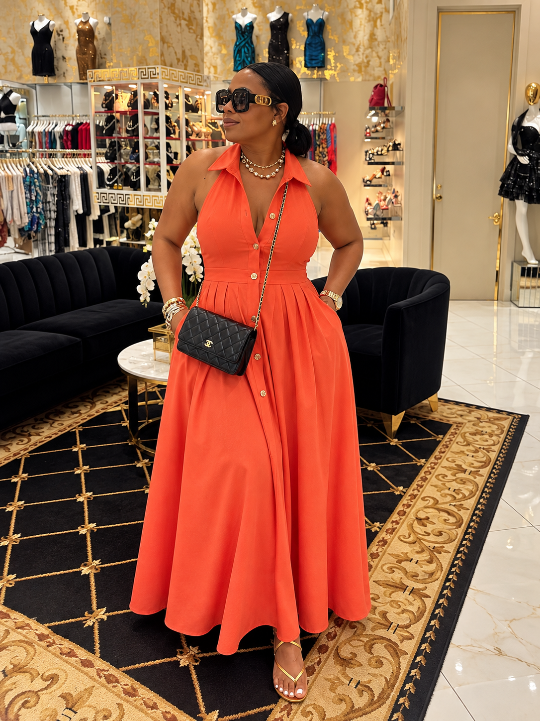 Halter Pleated Dress (Orange)
