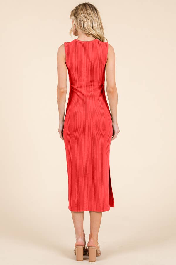 SQUARE PLUNGE NECK RIB SLEEVELESS MIDI DRESS (RED)