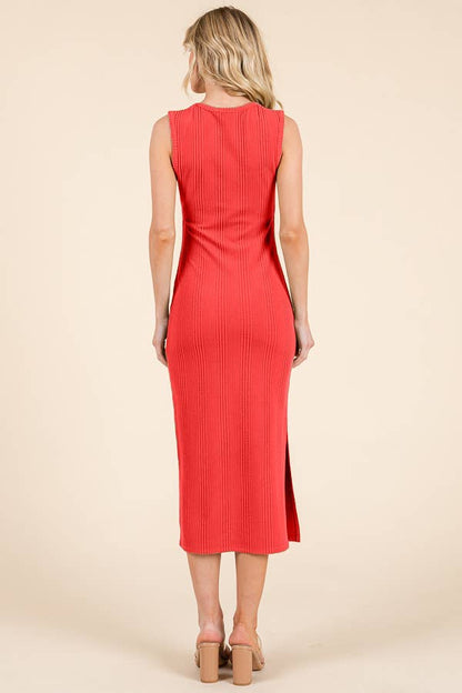 SQUARE PLUNGE NECK RIB SLEEVELESS MIDI DRESS (RED)