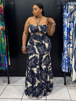 TROPICAL LEAVES SCRUNCH MAXI DRESS (NAVY)