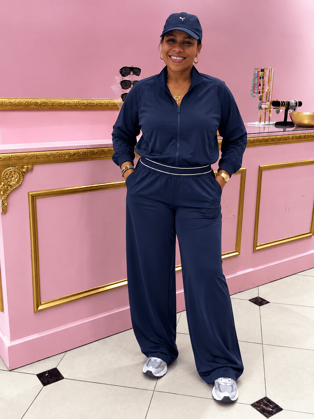 Luxe Motion Bomber Jacket & Elastic Waist Pants Set (Navy)