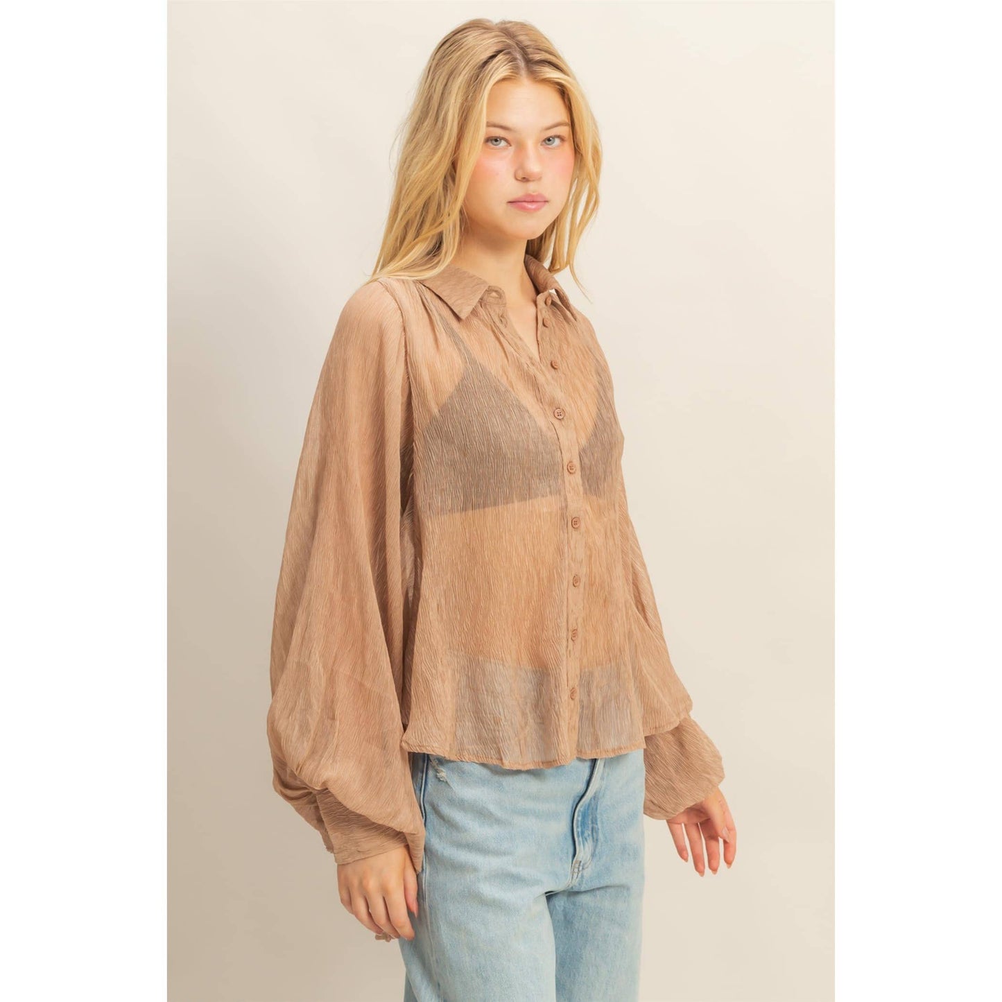 Chic Textured Button-Down Shirt (IVORY)