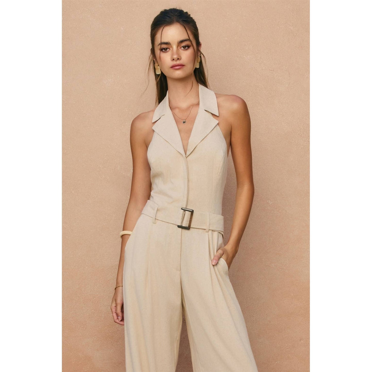 Heaven Sent Collared Halter Neck Jumpsuit (Oatmeal)