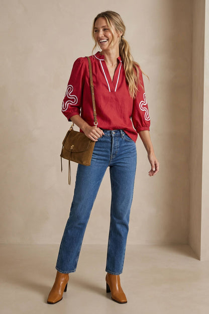 3/4 Sleeve Abstract Applique Blouse (Red)