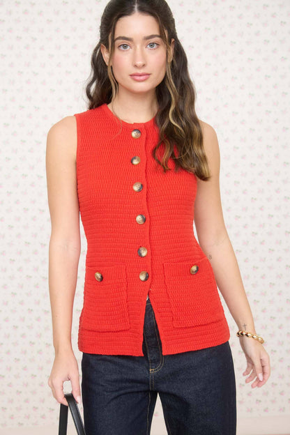 BUTTON DOWN SLEEVELESS SPLIT HEM KNIT VEST