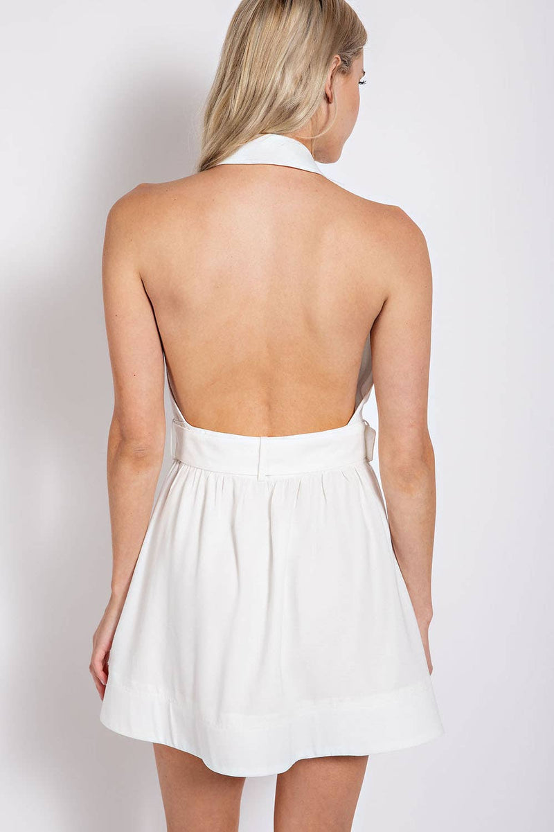 TUXEDO OPEN BACK SLEEVELESS MINI DRESS: WHT