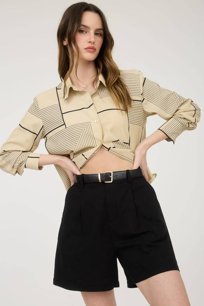 GEO PATTERN COLLARED LONG SLEEVE BUTTON DOWN SHIRT