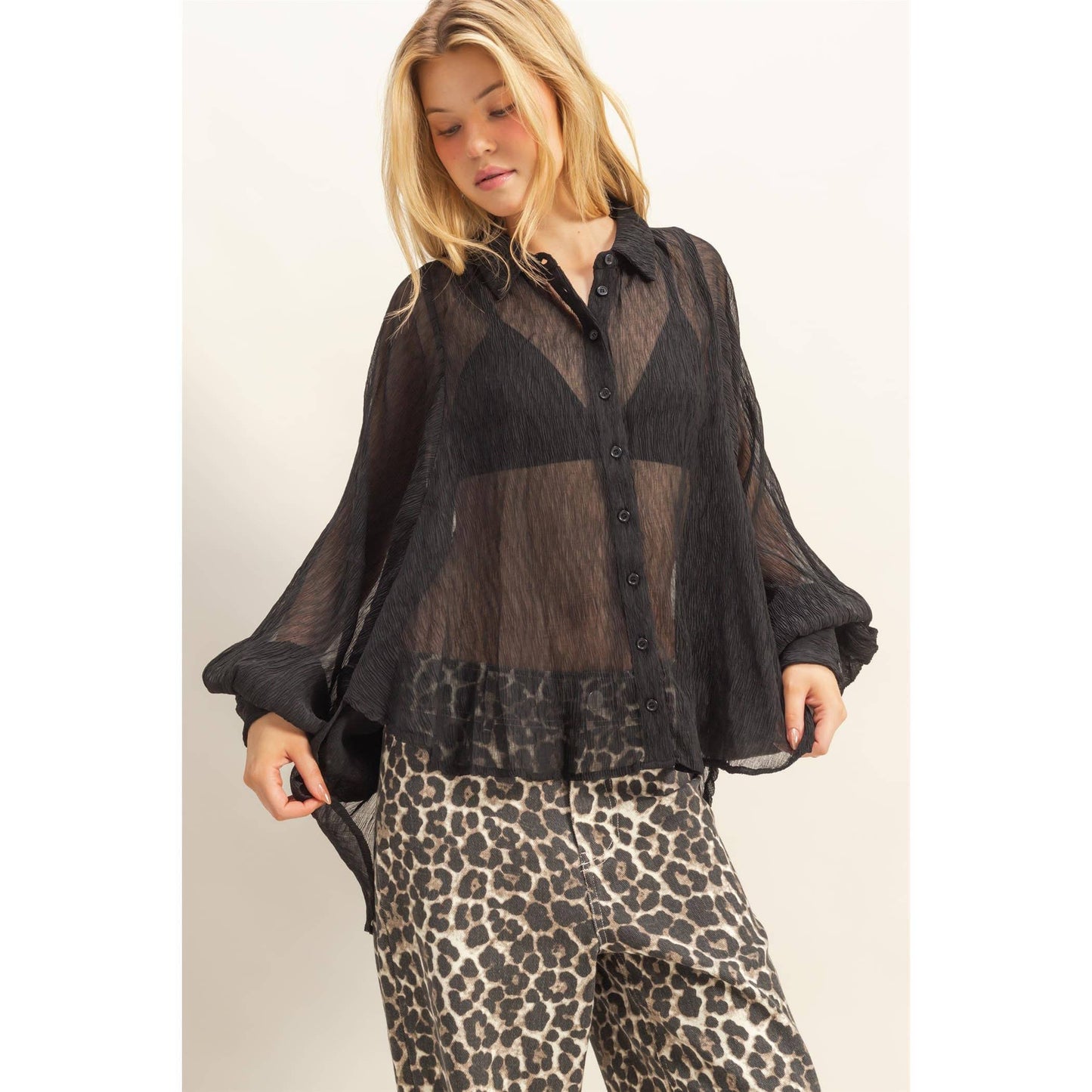 Chic Textured Button-Down Shirt (IVORY)