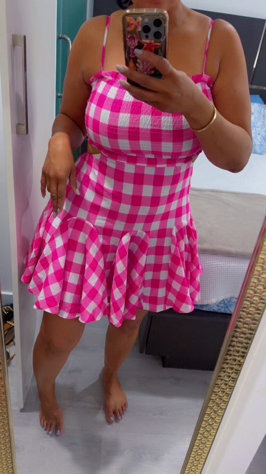 GINGHAM SMOCKED FLAIR SPAGHETTISTRAP SKIRT DRESS (FUCSHIA)