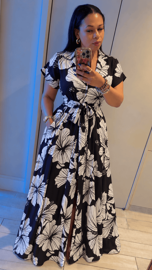 Big Flower Print Dress (Black & White)