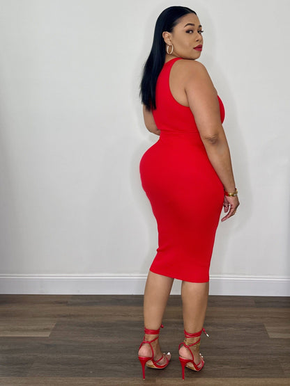 Premium Racer Neck Midi Dress (Red)